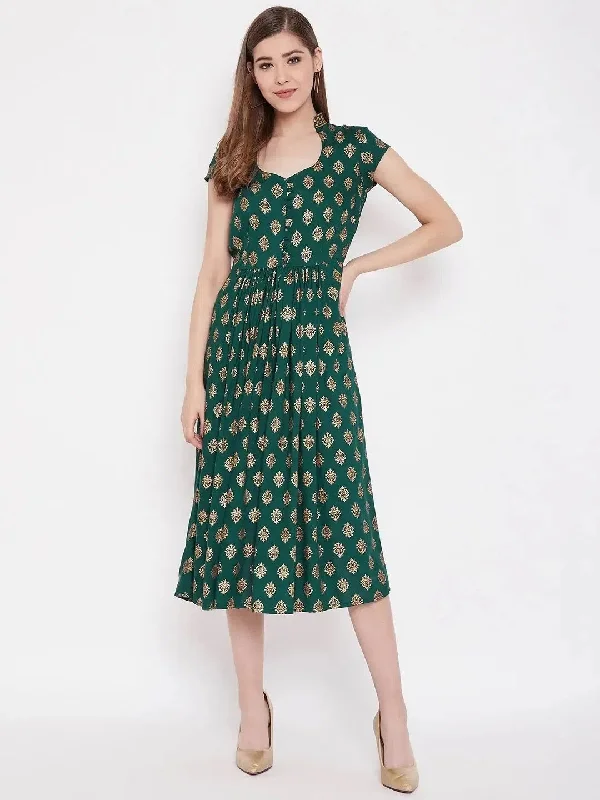 Midi Flare Dress with front loops in Bottle Green Tunics Versatile all-occasion