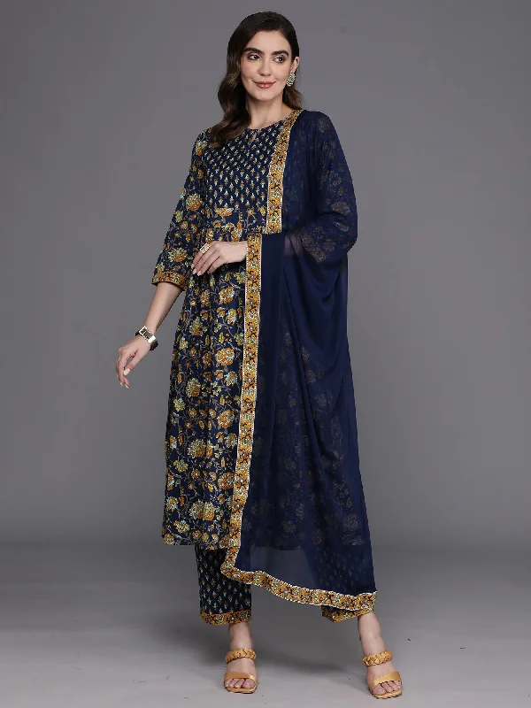 Women's Blue Printed A-Line Kurta Trousers With Dupatta Set - Indo Era Trousers Fall Fleece