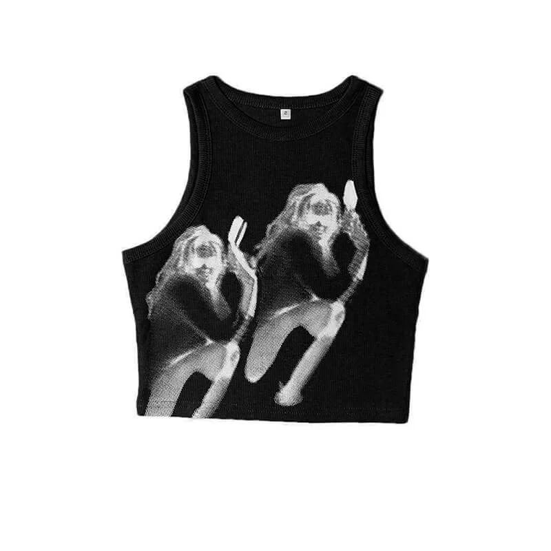 Shadow Girl Print Post Punk Crop Tank Top casual tank top