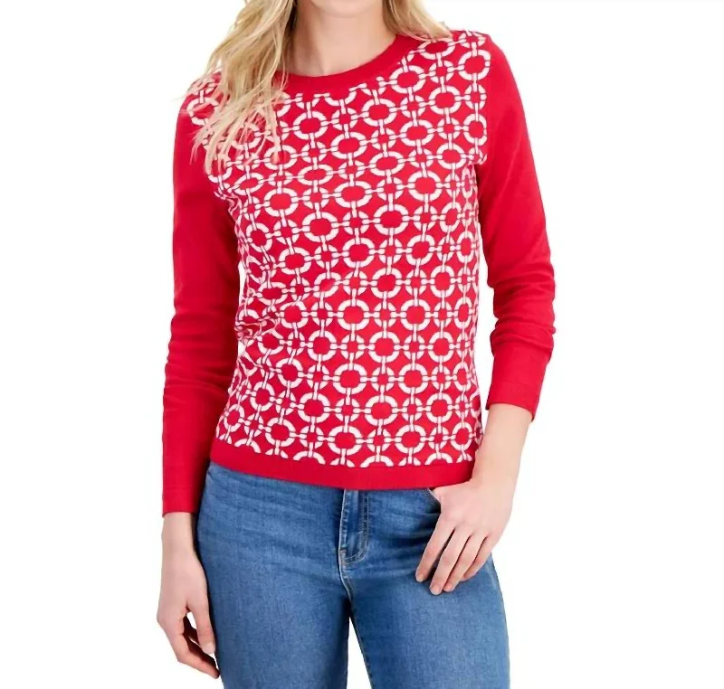 Women's Cotton Circle Link Crewneck Sweater In Red Chenille Blend Fleece Blend Nylon Blend