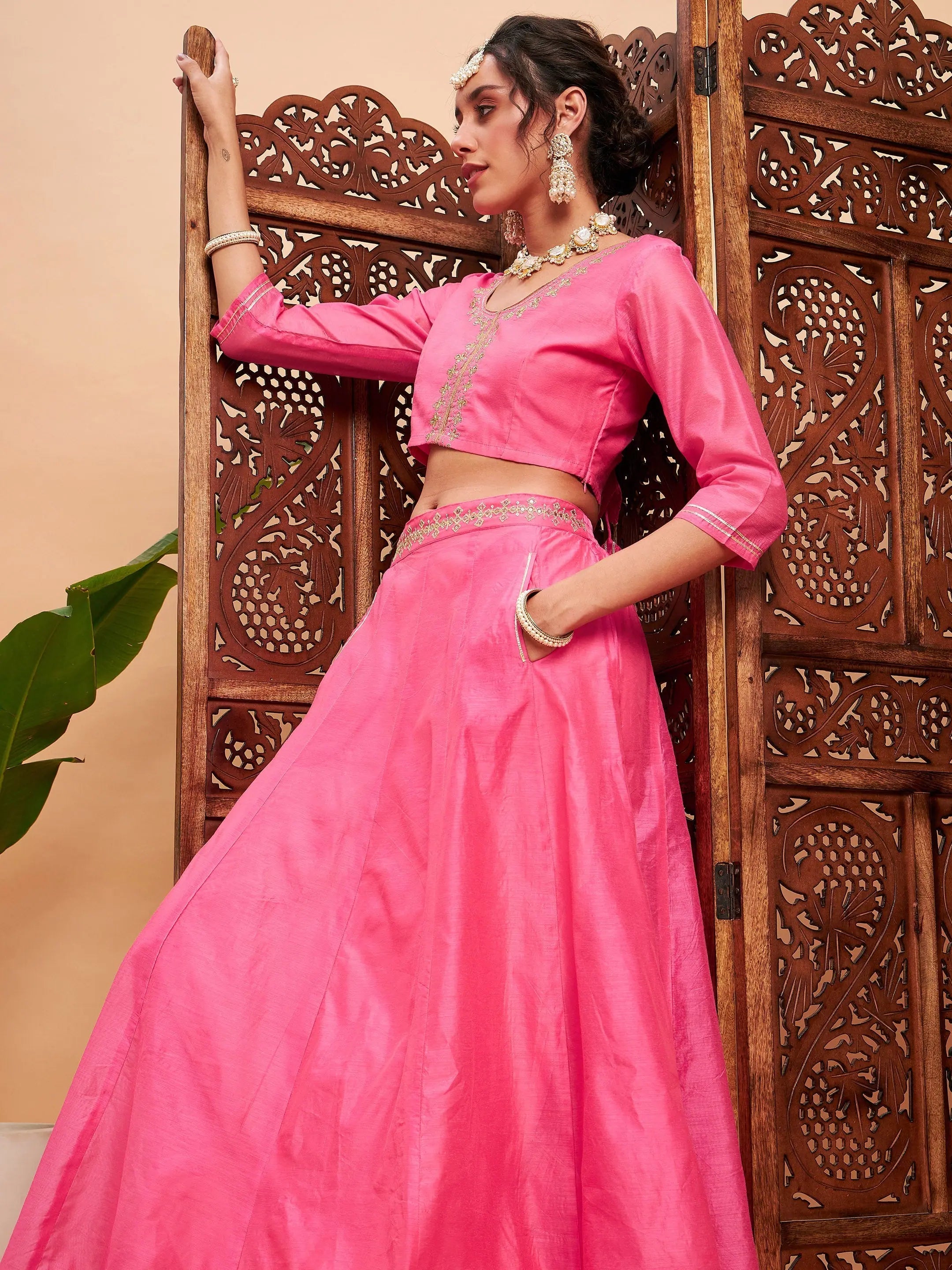 Women Pink Embroidered Anarkali Skirt With Crop Top Anti-Pilling Machine Wash Handmade