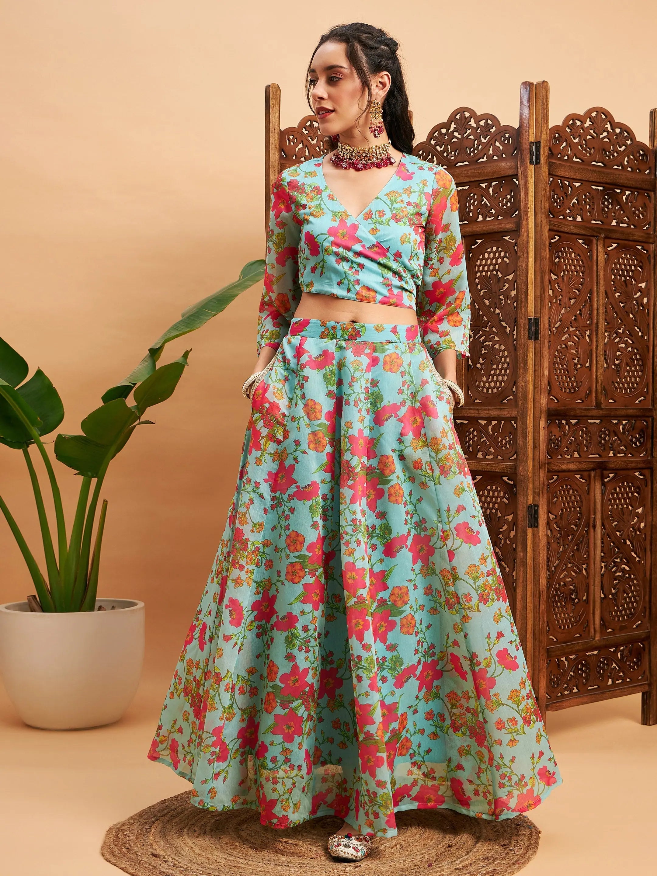 Women Blue Floral Anarkali Skirt With Wrap Crop Top Asymmetrical Pockets Print