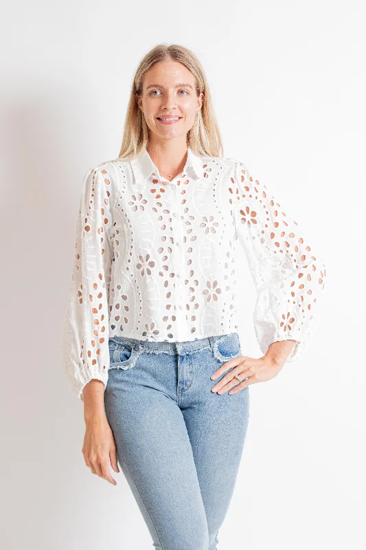 White Eyelet Long Sleeve Crop Top Thin Crop Top Open Front Quick Dry