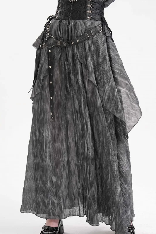 Black Ruffle Lace-Up Women's Gothic Eyelets Rivets Long Skirt chiffon skirt delicate Black Ruffle Lace-Up Women's Gothic Eyelets Rivets Long Skirt chiffon skirt delicate