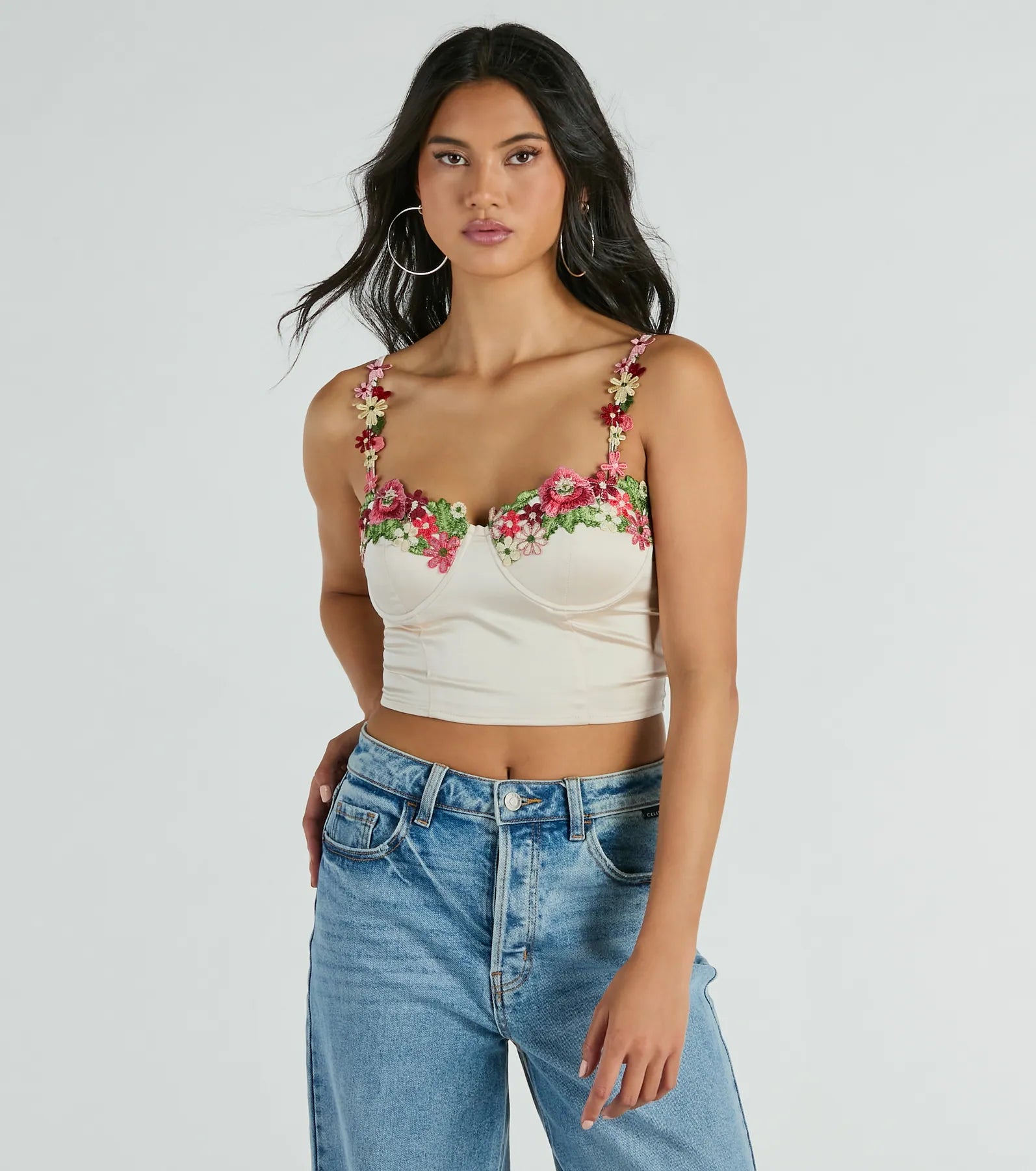 Flourish In Style Floral Applique Satin Crop Top Elegant Classic Vintage