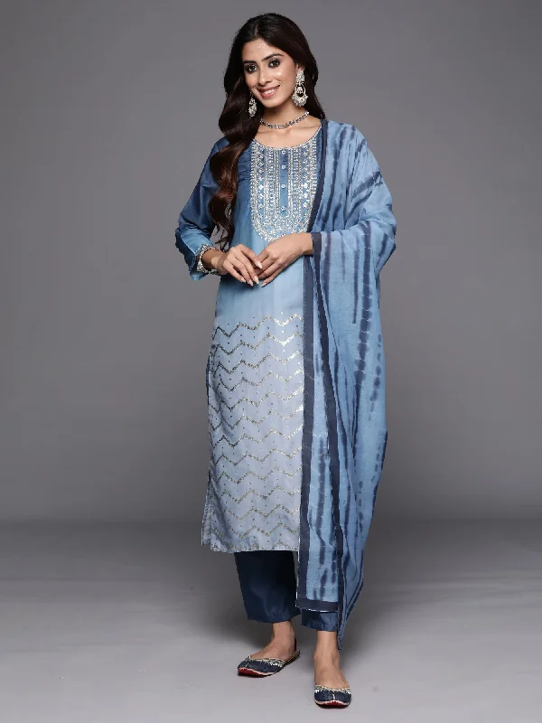 Women's Blue Embroidered Straight Kurta Trousers With Dupatta Set - Indo Era Trousers Capri Summer Women's Blue Embroidered Straight Kurta Trousers With Dupatta Set - Indo Era Trousers Capri Summer