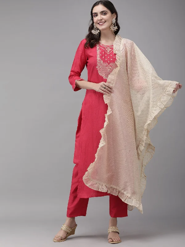 Women's Pink Embroidered Straight Kurta Trouser With Dupatta Set - Indo Era Trousers Party Sparkling Women's Pink Embroidered Straight Kurta Trouser With Dupatta Set - Indo Era Trousers Party Sparkling