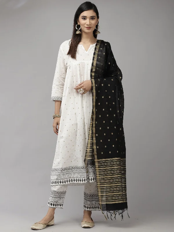 Women's White Printed A-Line Kurta Trouser With Dupatta Set - Indo Era Trousers fashionable chic Women's White Printed A-Line Kurta Trouser With Dupatta Set - Indo Era Trousers fashionable chic