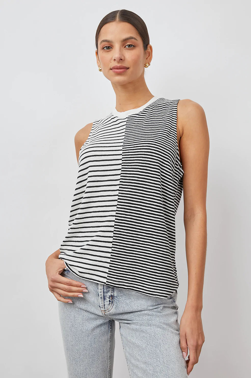 THE SPLIT TANK - WHITE BLACK MIXED STRIPES high neck tank
