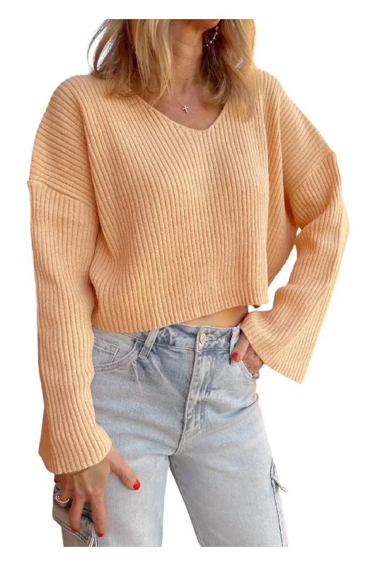 Julia V Neck Sweater In Coral Thin Thick Dense