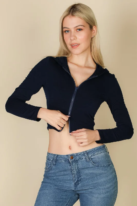 Cropped Hoodie with Zip Closure in French Terry Fabric Hoodie with Hem Elastic Stretchable Comfortable