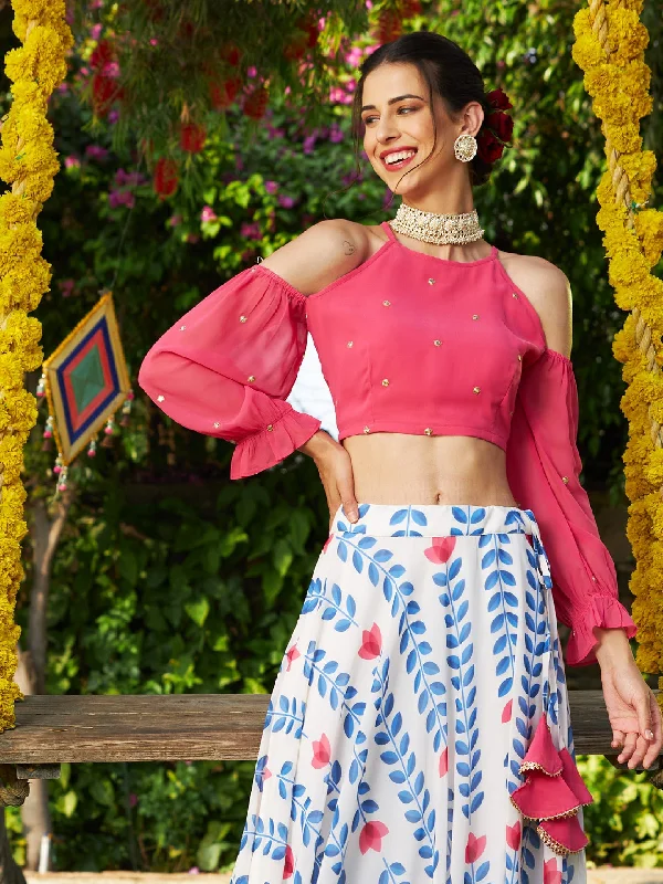 Women Pink Embroidered Cold Shoulder Crop Top Chenille Blend Fleece Blend Nylon Blend