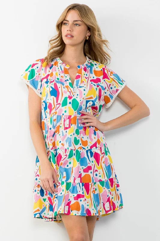 Short Sleeve Multi Color Print Dress Tunics Business professional