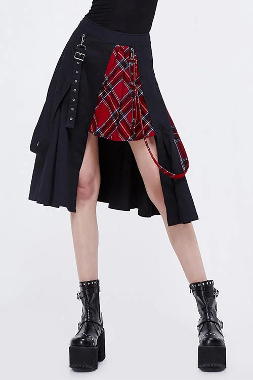 Black And Red Young Girls Fake 2 Pieces Scottish Plaid With Adjust Loops Punk Skirt chiffon skirt lightweight Black And Red Young Girls Fake 2 Pieces Scottish Plaid With Adjust Loops Punk Skirt chiffon skirt lightweight