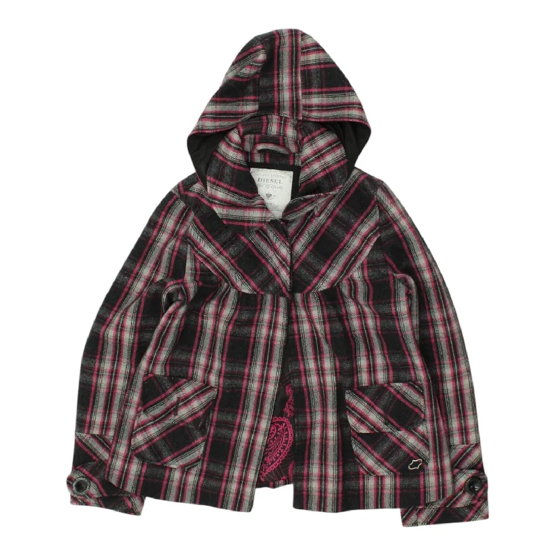 Diesel Womens Plaid Hooded Jacket | Vintage Casual Designer Hoodie VTG Knit Jacket Woven Jacket Fleece Jacket Diesel Womens Plaid Hooded Jacket | Vintage Casual Designer Hoodie VTG Knit Jacket Woven Jacket Fleece Jacket