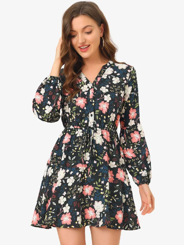 Button Front Tie Waist Vintage Long Sleeve Floral Dress sweetheart Neckline Romantic Button Front Tie Waist Vintage Long Sleeve Floral Dress sweetheart Neckline Romantic