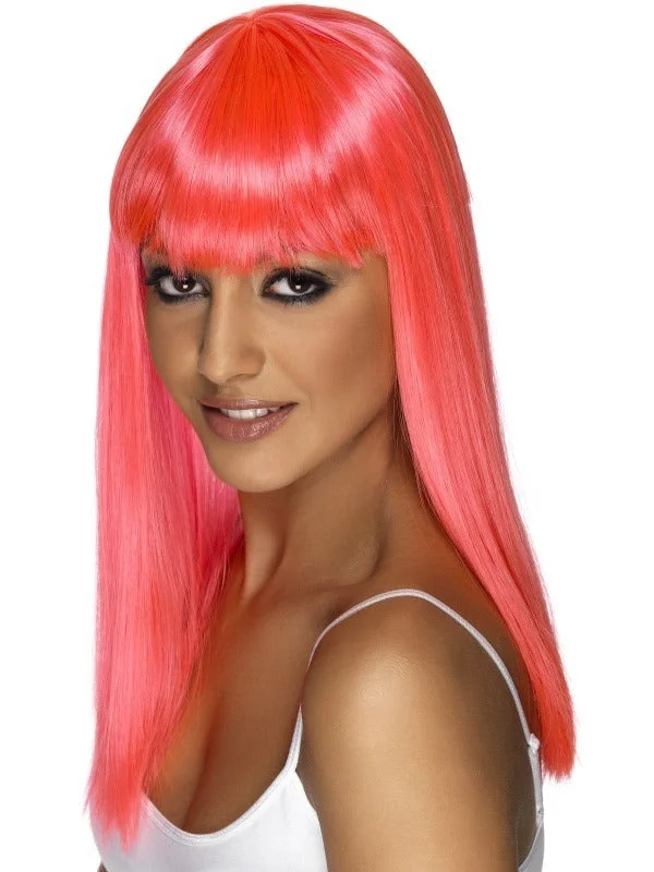 Ladies Long Neon Pink Glamourama Wig 1980s Fancy Dress Costume Tunics Luxurious high-end