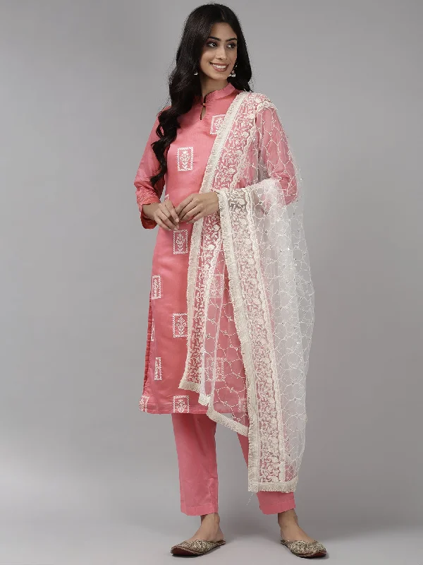 Women's Pink Embroidered Straight Kurta Trouser With Dupatta Set - Indo Era Trousers Canvas Durable Women's Pink Embroidered Straight Kurta Trouser With Dupatta Set - Indo Era Trousers Canvas Durable
