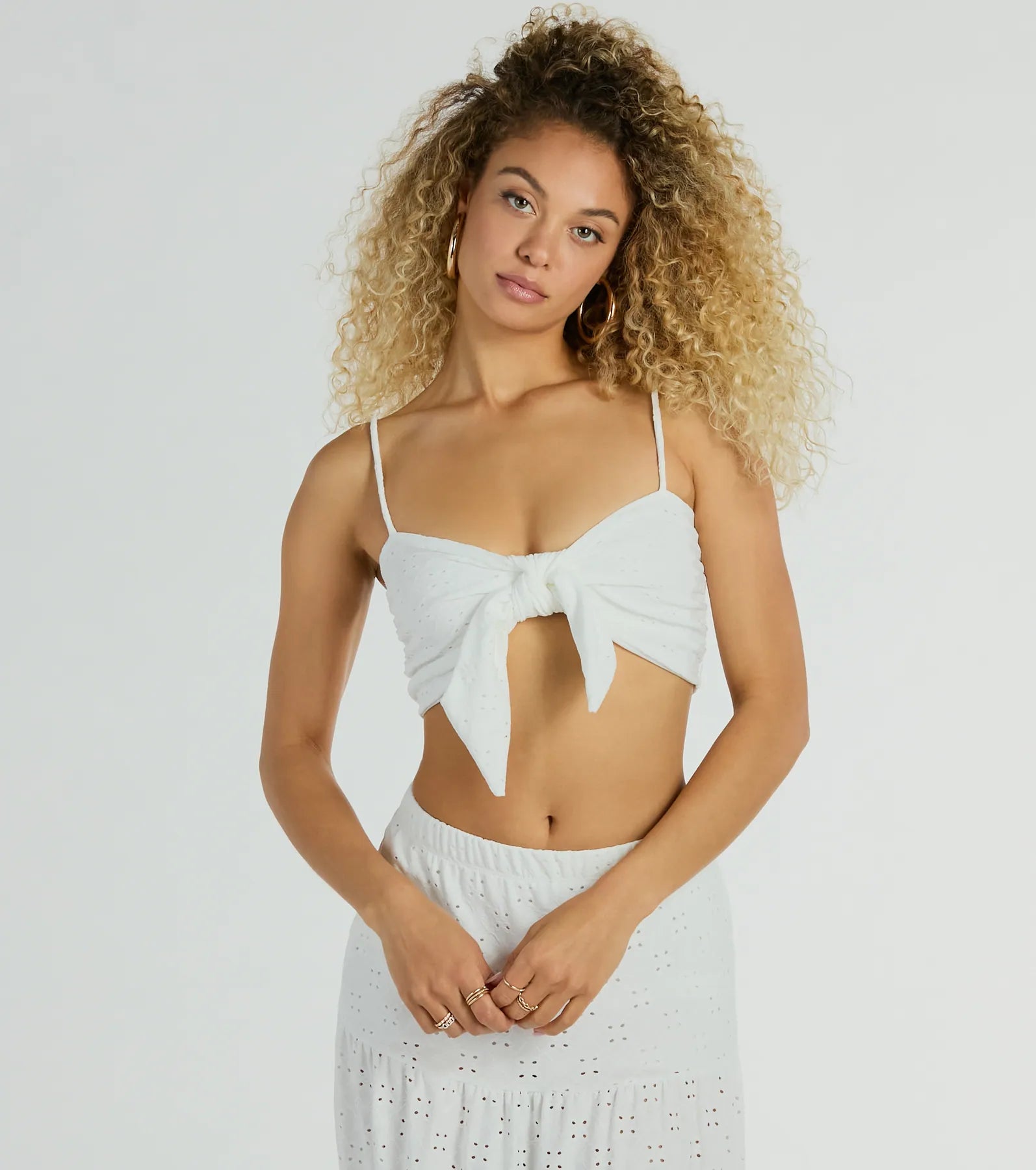 Spring Breeze Sweetheart Tie Eyelet Crop Top Real Fur Shearling Chenille