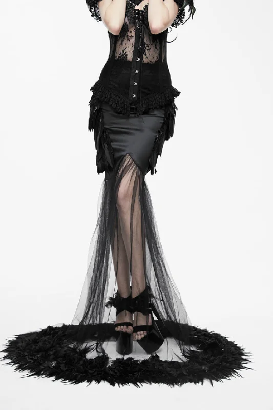 Black Mesh Fishtail Flower Feather Hem Long Satin Women's Gothic Skirt tulle skirt dreamy Black Mesh Fishtail Flower Feather Hem Long Satin Women's Gothic Skirt tulle skirt dreamy