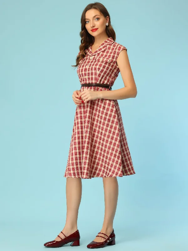 Button Front Retro Cap Sleeve Belted Waist Plaid Dress Tunics Luxurious premium