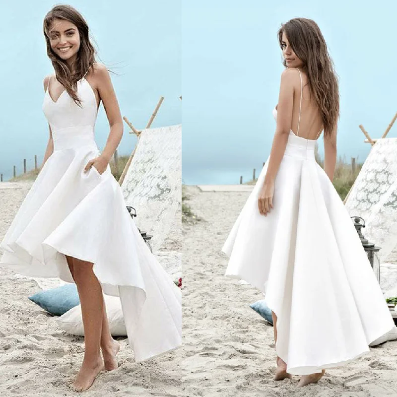 White Spaghetti Straps A-Line Homecoming Dress, High-Low Backless Homecoming Dress, D876 Tunics Business professional