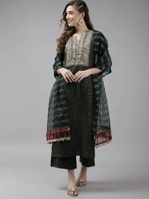 Women's Bottle Green Embroidered Straight Kurta Trouser With Dupatta Set - Indo Era Trousers Polka Dot Cute Women's Bottle Green Embroidered Straight Kurta Trouser With Dupatta Set - Indo Era Trousers Polka Dot Cute