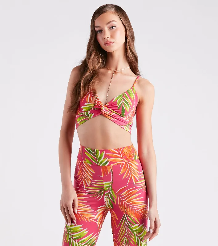 Tropical Destination Twist Crop Top Notch Collar Peter Pan Collar Cowl Neck