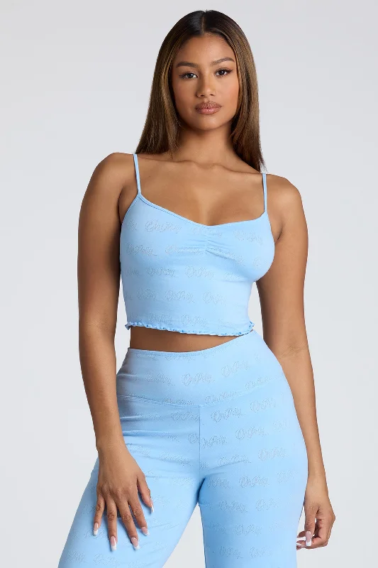 Strappy Ruched Pointelle Crop Top in Baby Blue Sequined Glittery Shiny