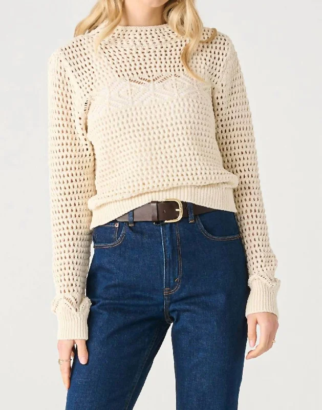 Long Sleeve Mock Neck Crocheted Sweater In Ecru Zippered Front Buttoned Front Snap Front