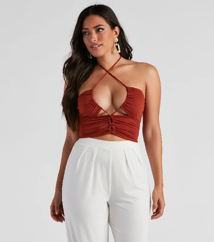 Strings Attached Halter Crop Top Iron Safe Non-Iron Wrinkle Free
