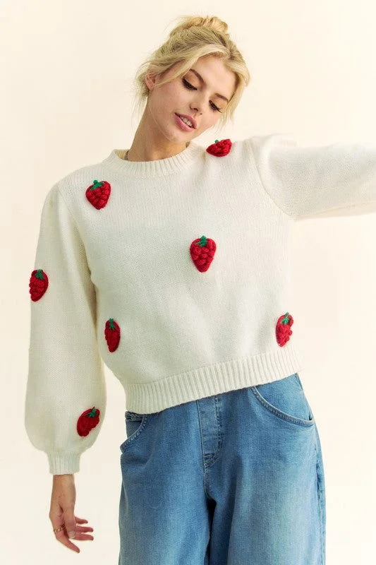 Davi & Dani Crochet Strawberry Round Neck Sweater In Cream Faux Fur Fabric Real Fur Fabric Shearling Fabric Davi & Dani Crochet Strawberry Round Neck Sweater In Cream Faux Fur Fabric Real Fur Fabric Shearling Fabric