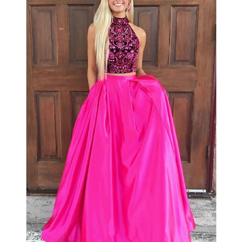 Two Pieces Beaded Top A-Line Satin Open-Back Prom Dress with Pocket, FC1593 Tunics Bestseller popular