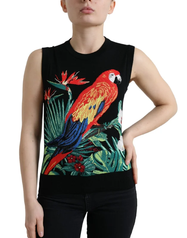 Dolce & Gabbana Elegant Crew Neck Wool Silk Tank with Bird Women's Embroidery turquoise tank top