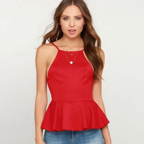 Sexy Hanging Neck Exposed Back Front Short Rear Long Frilled Tuxedo Women Sling Tank Top teal tank top