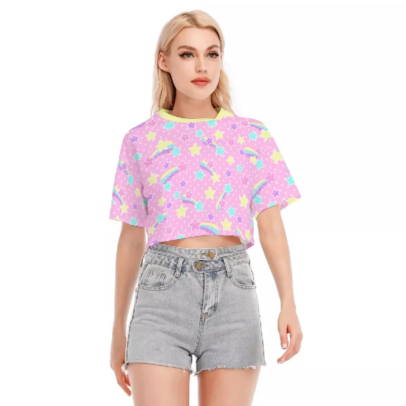 Starry Party Pink Cotton Crop Top Solid Print Embellished