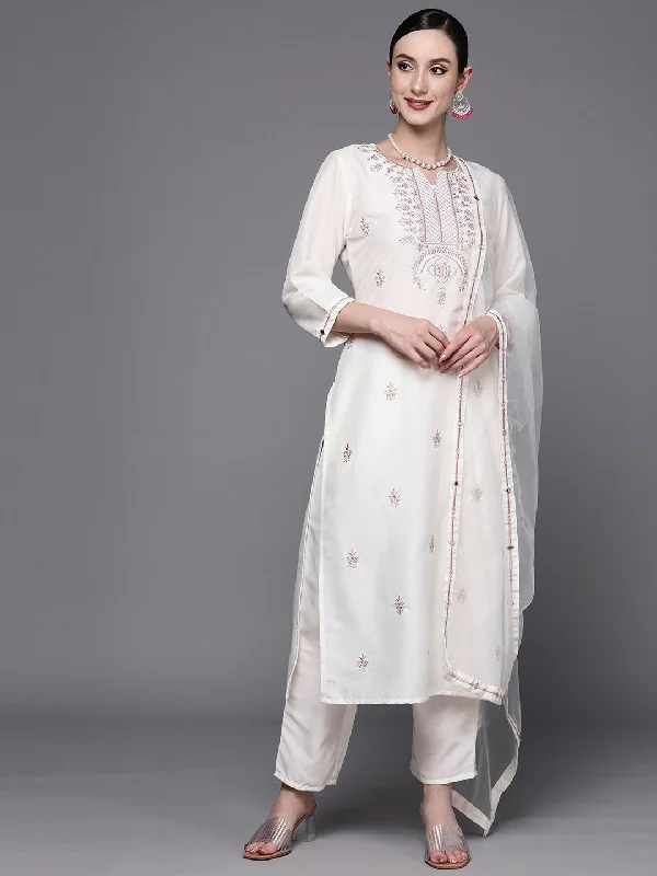 Women's White Embroidered Straight Kurta Trousers With Dupatta Set - Indo Era Trousers trendy modern Women's White Embroidered Straight Kurta Trousers With Dupatta Set - Indo Era Trousers trendy modern