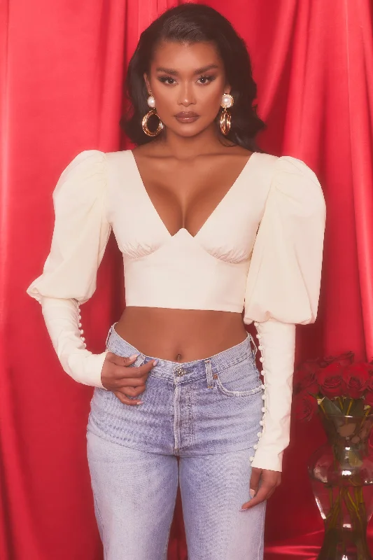 Plunge Neck Puff Sleeve Crop Top in Oyster White Denim Fabric Leather Fabric Suede Fabric