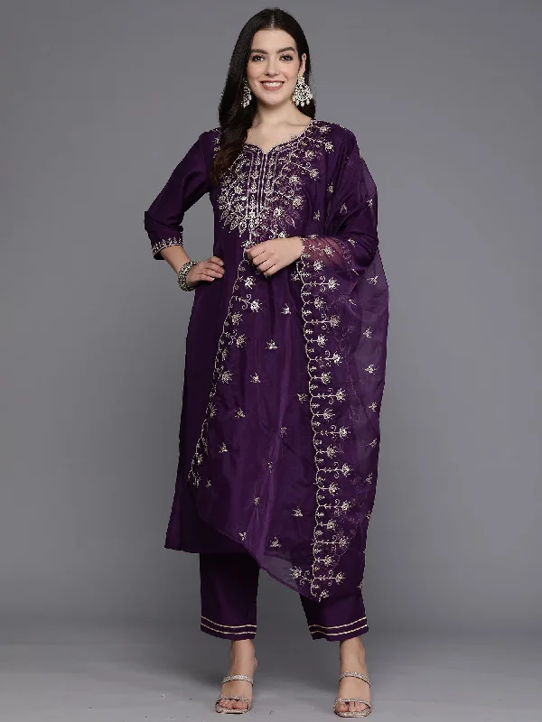 Women's Purple Embroidered Straight Kurta Trousers With Dupatta Set - Indo Era Trousers practical easy-care Women's Purple Embroidered Straight Kurta Trousers With Dupatta Set - Indo Era Trousers practical easy-care