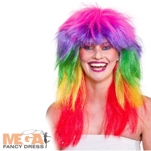 Ladies Glam Rainbow Wig 80s Neon Punk Rock Fancy Dress Costume Accessory Tunics Trousers formal