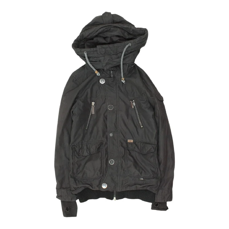 Khujo Womens Black Hooded Jacket | Vintage High End Oudoors Designer Hoodie Zippered Front Buttoned Front Snap Front Khujo Womens Black Hooded Jacket | Vintage High End Oudoors Designer Hoodie Zippered Front Buttoned Front Snap Front