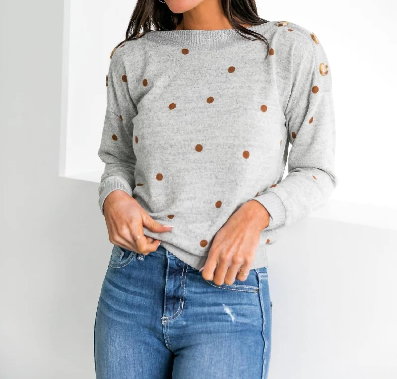 Buttons & Polka Dots Sweater In Grey Houndstooth Herringbone Solid