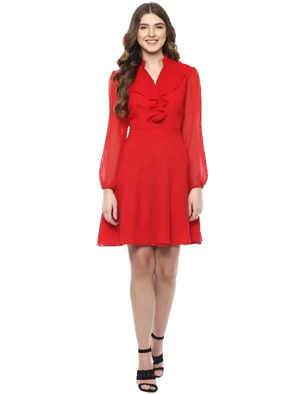 Frill collar Flare Dress in Red Tunics Long Elegant