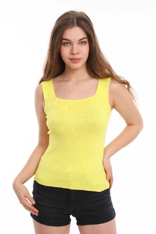 Women's Yellow Tank Top Thick Strap Singlet Slim Summer Square Collar Knitwear cherry red tank