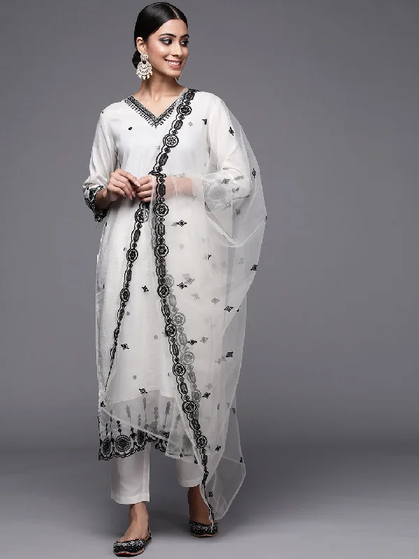 Women's White Floral Embroidered Straight Kurta Trouser With Dupatta Set - Indo Era Trousers Velvet Soft Women's White Floral Embroidered Straight Kurta Trouser With Dupatta Set - Indo Era Trousers Velvet Soft
