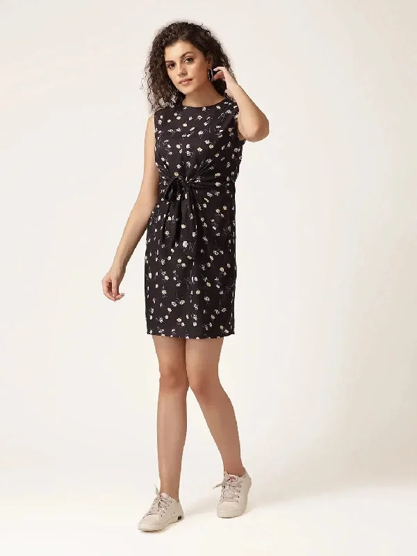 Front tie shift dress in Navy Turtleneck Neckline Stylish