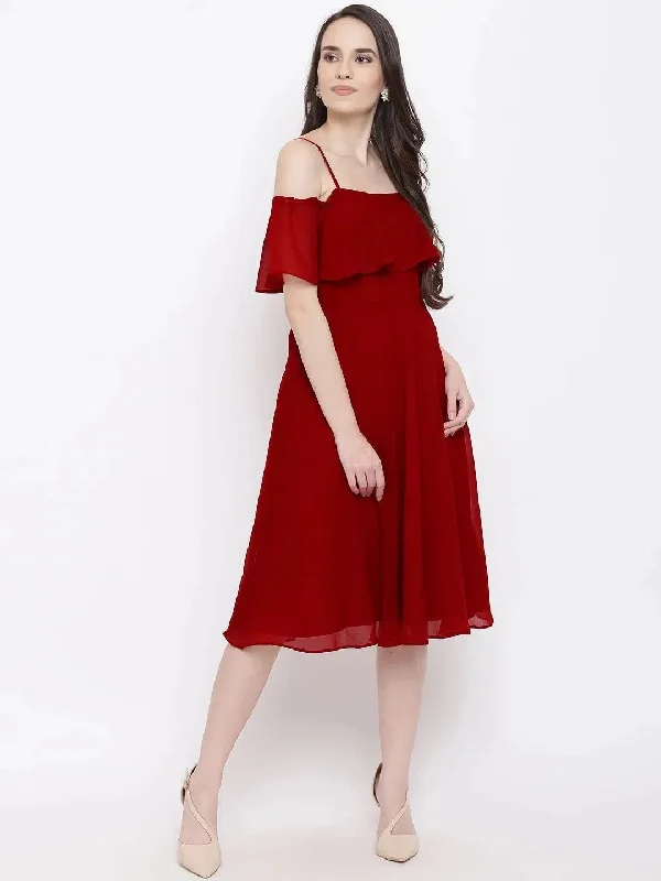 Maroon Coloured Solid Skater Dress in Maroon Tunics Lace romantic
