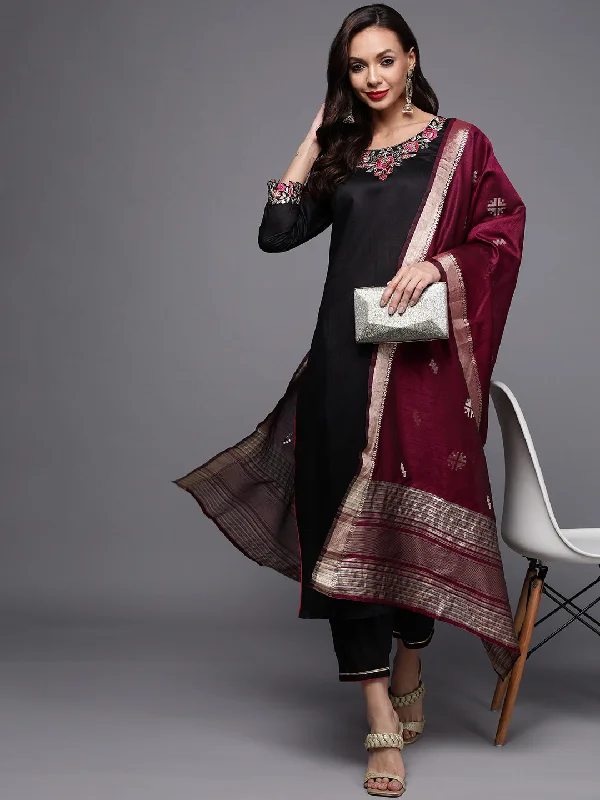Women's Black Embroidered Straight Kurta Trousers With Dupatta Set - Indo Era Trousers chic fashionable