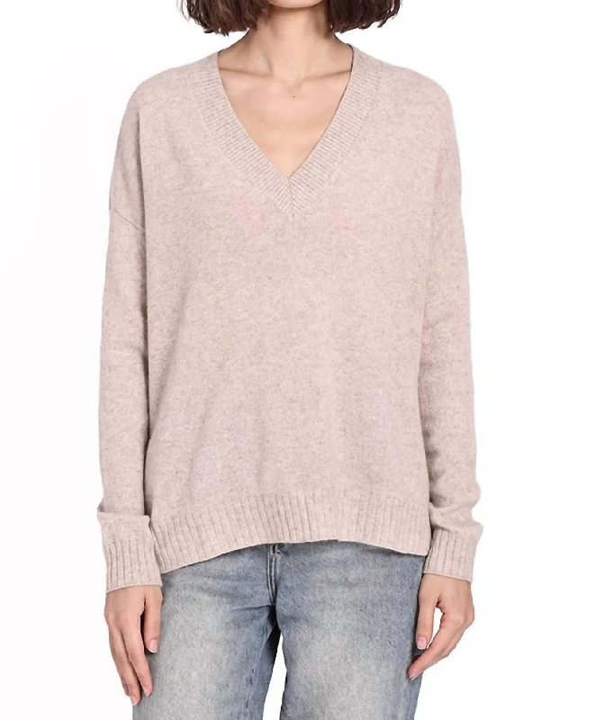 Cashmere Long And Lean V-Neck Sweater In Ecru Terry Terry Cloth Terry Knit