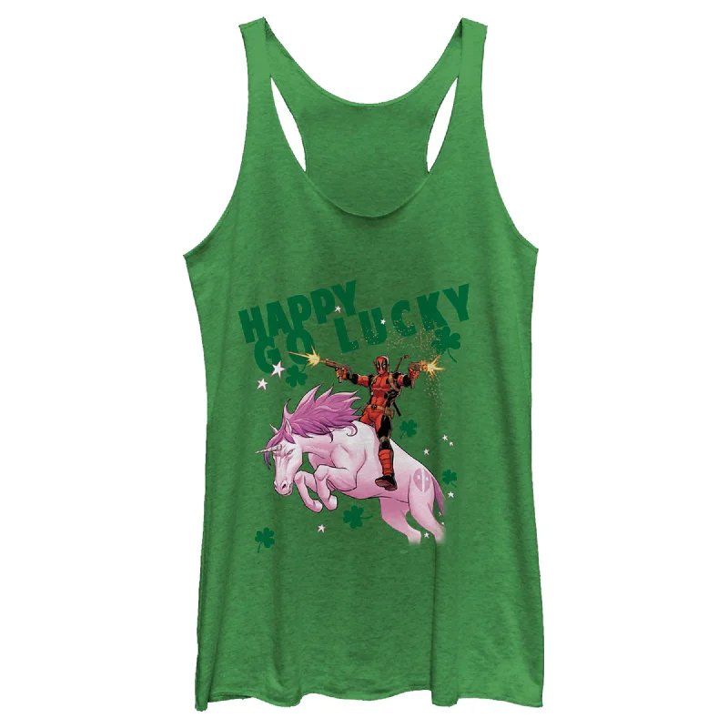 Women's Marvel St. Patrick's Day Happy Go Lucky Deadpool Racerback Tank Top spandex blend tank